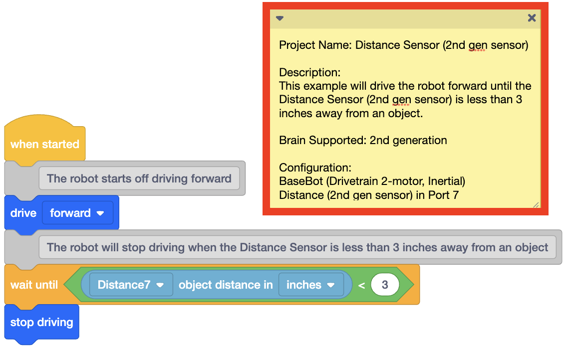 VEXcode IQ com um Projeto de Exemplo aberto na categoria Sensing, incluindo uma pilha de blocos de código e uma nota com uma descrição do projeto. A nota é destacada.