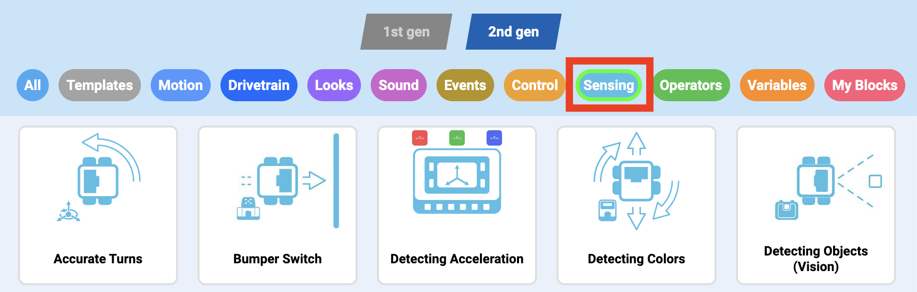 เมนูโครงการตัวอย่าง VEXcode Blocks ที่มีโครงการต่างๆ มากมายในหมวดหมู่ต่างๆ ให้เลือก หมวดหมู่การตรวจจับจะถูกเน้น