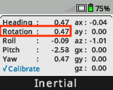 La pantalla del cerebro se muestra con el panel del sensor de inercia abierto y con el valor de rotación resaltado. El valor de rotación es 0.47.