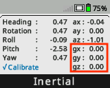 La pantalla del cerebro se muestra con el panel del sensor de inercia abierto y con la velocidad de rotación en los valores de los ejes x, y y z resaltados. Estos valores están etiquetados como gx, gy y gz en el Panel de control.