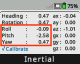 หน้าจอสมองจะแสดงโดยมี Inertial Sensor Dashboard เปิดอยู่และมีการเน้นค่า Roll, Pitch และ Yaw
