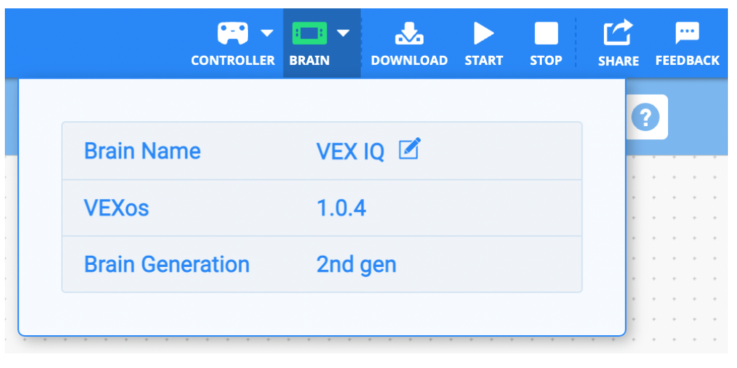 VEXcode IQ avec un cerveau connecté et le menu déroulant du cerveau ouvert, indiquant qu'il peut être utilisé pour vérifier le firmware du cerveau. La version VEXos est répertoriée comme 1.0.4 et aucun bouton Mettre à jour n'est affiché.