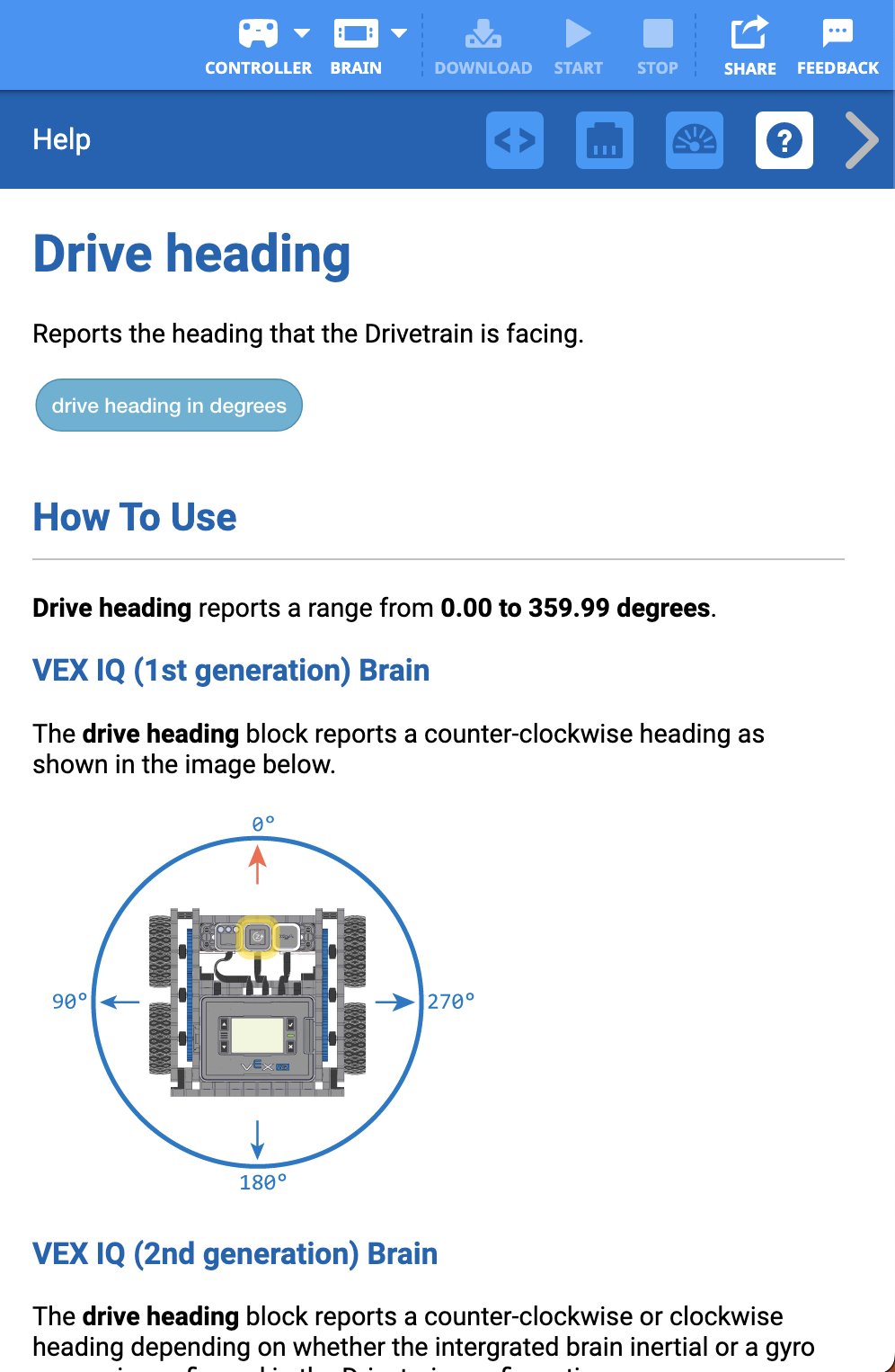 VEXcode IQ พร้อมเมนูวิธีใช้ที่เปิดอยู่และเลือกบล็อกหัวข้อไดรฟ์ มีการแสดงคำอธิบายของบล็อกและวิธีการใช้งานพร้อมทั้งรูปภาพตัวอย่างการใช้งาน