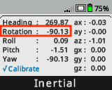 Der Gehirnbildschirm wird mit geöffnetem Trägheitssensor-Dashboard und hervorgehobenem Rotationswert angezeigt. Der Rotationswert beträgt -90,13.