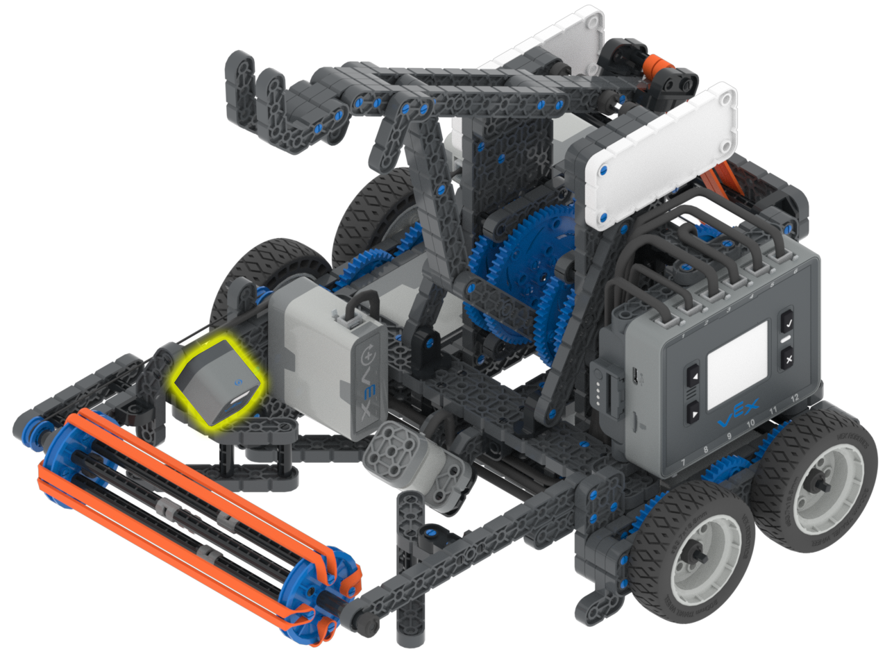 Robot Fling Hero Bot yang memiliki Sensor Optik terpasang yang disorot dan mengarah ke intake robot.