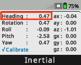 หน้าจอสมองจะแสดงโดยมี Inertial Sensor Dashboard เปิดอยู่และมีการเน้นค่า Heading ไว้
