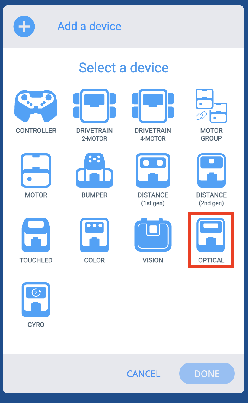 Menu VEXcode IQ-apparaten nadat de knop Apparaat toevoegen is geselecteerd. De optie Optisch is gemarkeerd.