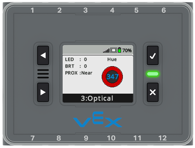 La pantalla del cerebro se muestra con el panel del sensor óptico abierto desde el menú Dispositivos. Se muestra información sobre el sensor, como el tono, el LED, el brillo, la proximidad y el puerto inteligente del sensor.