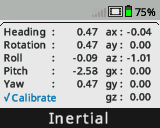 Layar otak ditampilkan dengan Dashboard Sensor Inersia yang dibuka dari menu Perangkat. Informasi Sensor Inersia berikut ditampilkan: Heading, Rotation, Roll, Pitch, Yaw, Kalibrasi, Akselerasi pada sumbu x, y, dan z, dan Laju rotasi pada sumbu x, y, dan z.