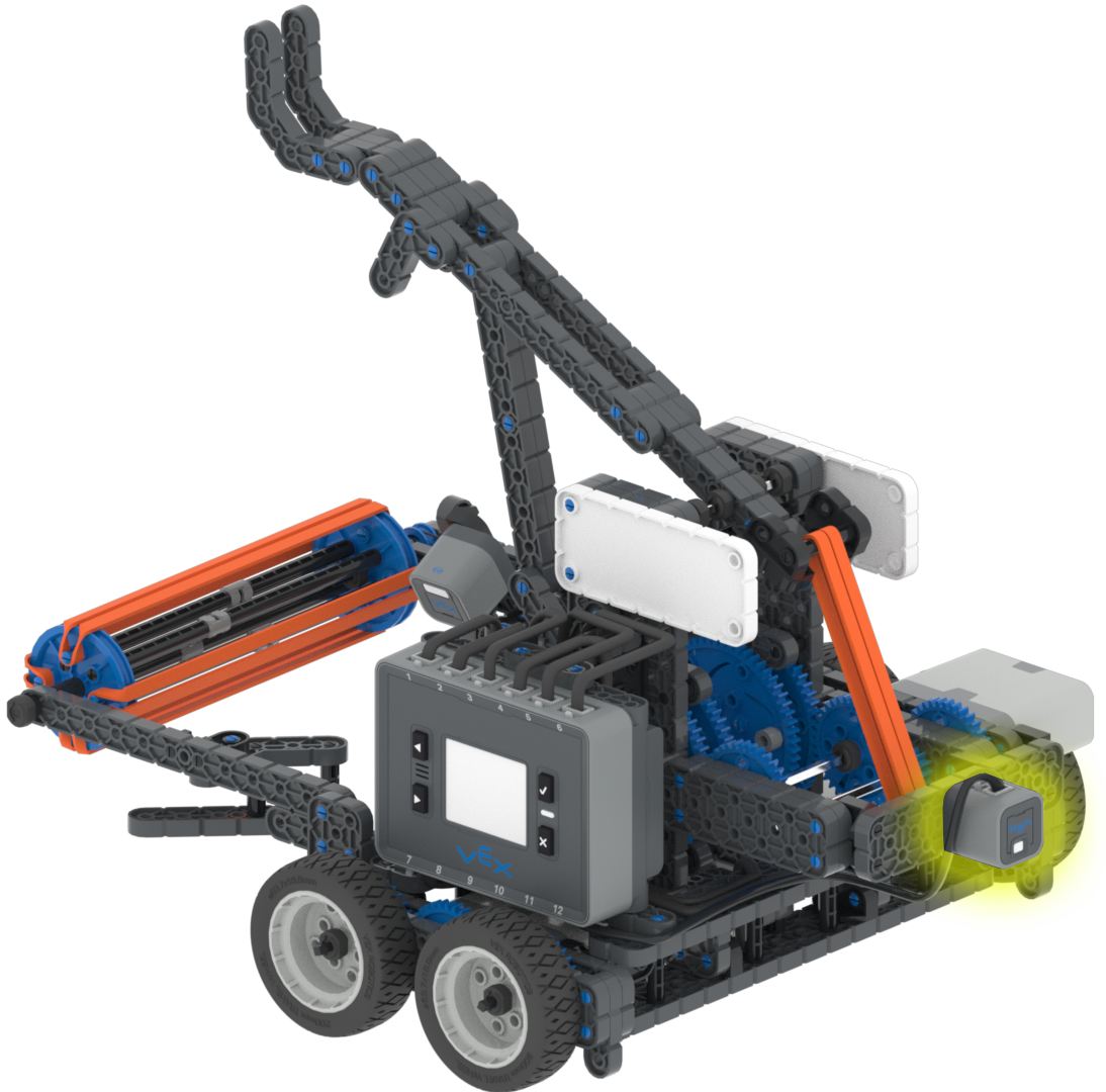 Construcción de Fling Hero Bot que tiene un sensor de distancia adjunto que está resaltado y apunta detrás del robot.