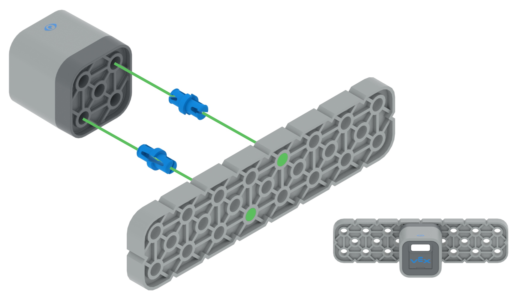 Schema van een optische sensor die met twee blauwe pinnen aan een balkstuk is bevestigd.