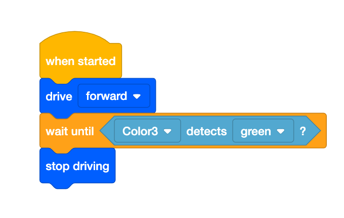 VEXcode IQ memblokir proyek yang menggunakan Sensor Warna untuk bergerak maju hingga mendeteksi warna hijau. Proyek tersebut berbunyi Saat dimulai, melajulah ke depan, tunggu hingga Color3 mendeteksi warna hijau, lalu berhenti melaju.