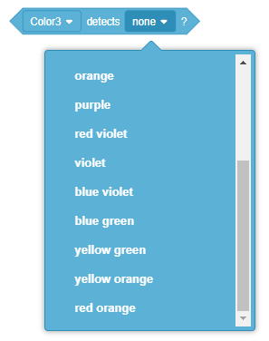 VEXcode IQ Color rileva un blocco che legge Color3 ma non ne rileva nessuno? Il menu a discesa Colore del blocco si apre per mostrare un elenco di colori da rilevare. L'elenco recita: arancione, viola, rosso violetto, viola, blu violetto, blu verde, giallo verde, giallo arancione e rosso arancione.