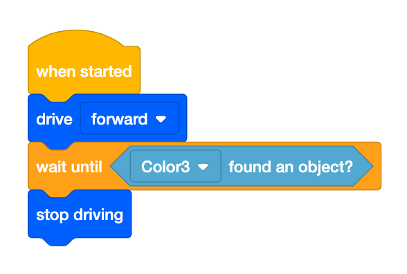 VEXcode IQ, bir nesneyi bulana kadar ileriye doğru ilerlemek için Renk Sensörü kullanan bir projeyi engeller. Proje şu şekildedir: Başladığınızda, ileri doğru sürün, Color3 bir nesne bulana kadar bekleyin ve ardından sürüşü durdurun.
