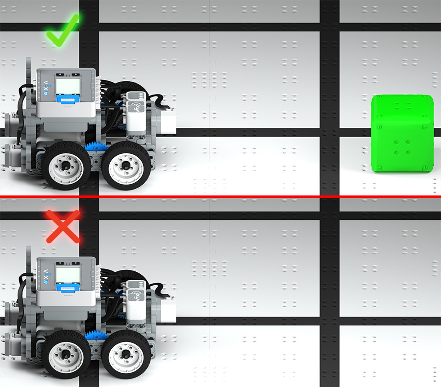 Divas diagrammas. Augšpusē attāluma sensors ir vērsts uz tuvējo Zaļo kubu un ir atzīmēts ar atzīmi. Zemāk attāluma sensors nenorāda ne uz ko tuvumā, un tas ir apzīmēts ar X simbolu.