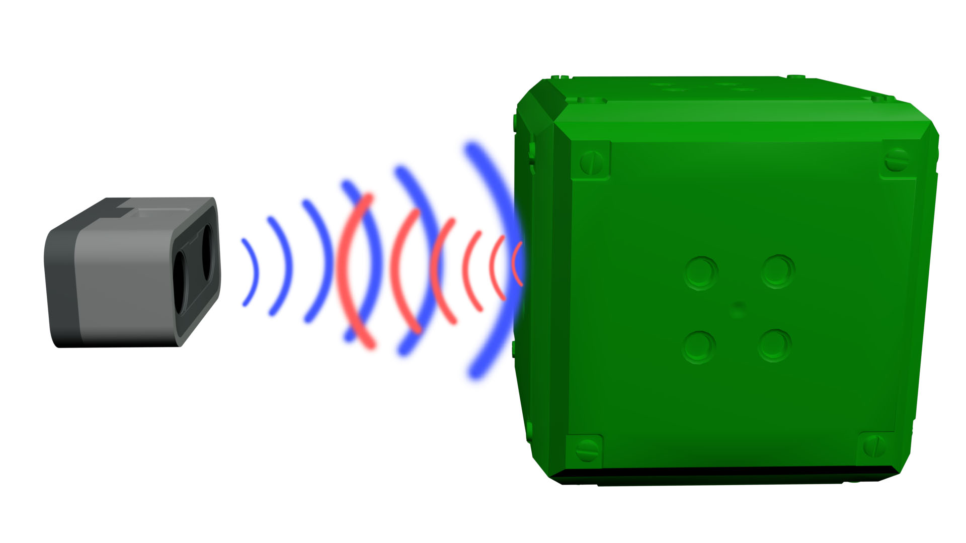 Diagrama do sensor de distância enviando ultrassons para atingir um cubo verde e depois recebendo o som refletido.