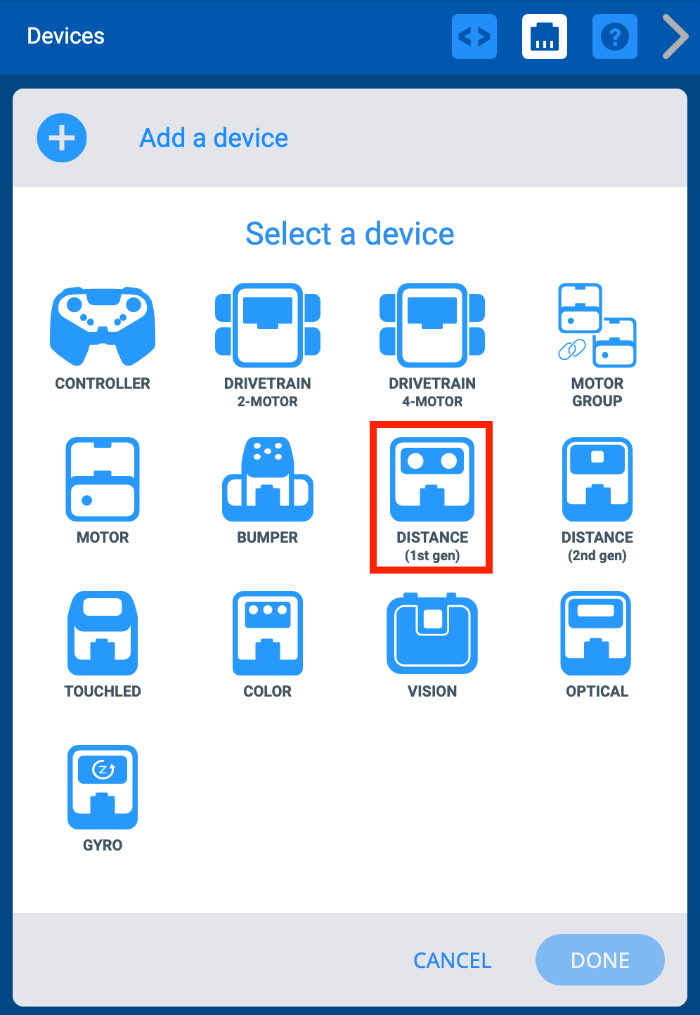 Menu Thiết bị IQ VEXcode sau khi nút Thêm thiết bị được chọn. Tùy chọn Khoảng cách (thế hệ thứ 1) được tô sáng.