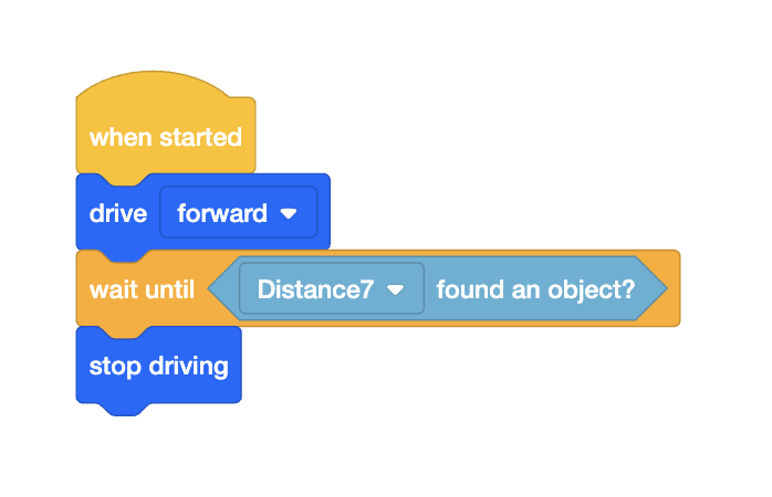 VEXcode IQ blocca il progetto che utilizza un sensore di distanza per avanzare finché non trova un oggetto. Il progetto recita: Una volta avviato, procedi in avanti, attendi che Distance7 trovi un oggetto, quindi interrompi la guida.
