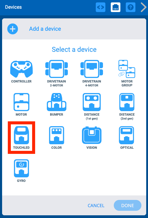 قائمة أجهزة VEXcode IQ بعد تحديد زر إضافة جهاز. تم تسليط الضوء على خيار Touch LED.