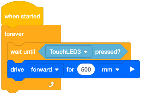 VEXcode IQ-Blockprojekt, das einen „Warten bis“-Block verwendet, um bei jedem Drücken der Touch-LED 500 mm zu fahren. Im Projekt steht Beim Start für immer: Warten bis TouchLED3 gedrückt wird und dann 500mm vorwärts fahren.