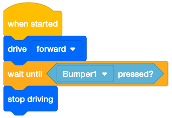 VEXcode IQ-Blockprojekt, das einen Stoßfängerschalter verwendet, um vorwärts zu fahren, bis es ein Objekt oder eine Wand berührt. Im Projekt steht: Beim Starten vorwärts fahren, warten bis Bumper1 gedrückt wird und dann anhalten.