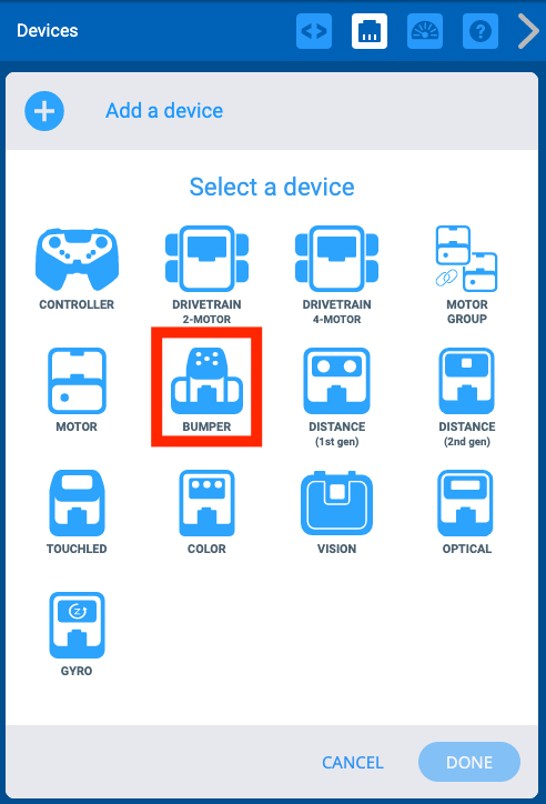 Menu Thiết bị IQ VEXcode sau khi nút Thêm thiết bị được chọn. Tùy chọn Bumper được tô sáng.
