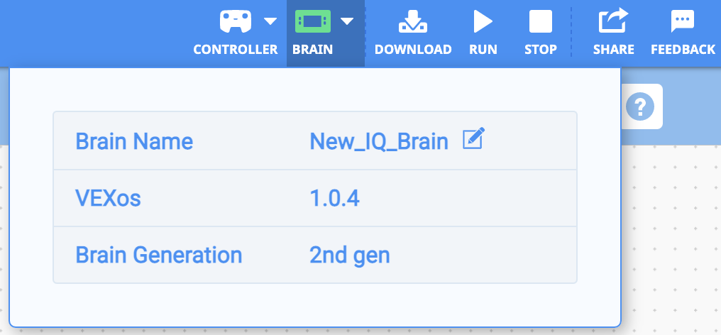 VEXcode IQ із підключеним Brain і відкритим спадним меню Brain. У меню оновлено назву Brain.