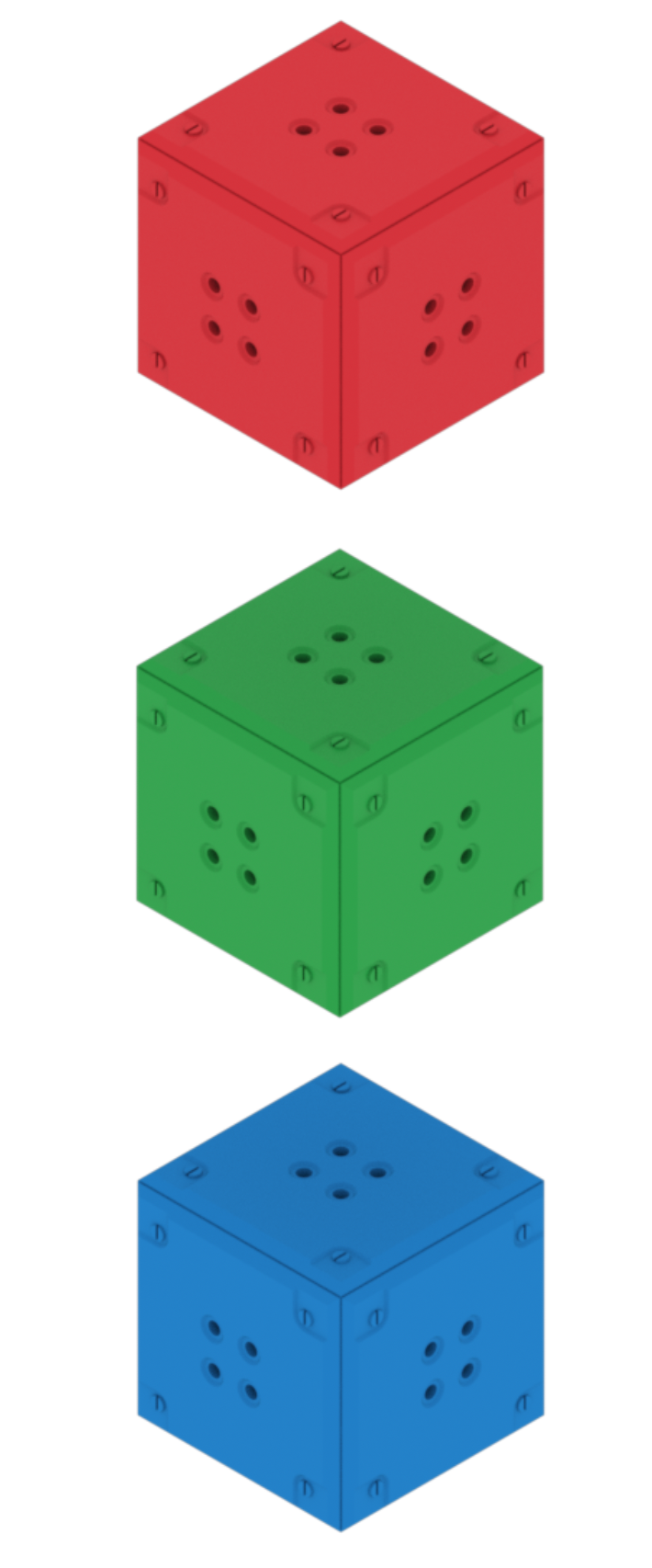 3 adet VEX IQ Küpü gösterilmektedir. Bir küp kırmızı, biri yeşil, biri de mavidir.