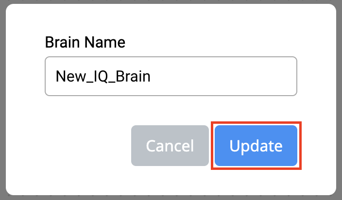 VEXcode IQ Brain Name -valikko avautui, jossa nimeä voidaan muuttaa. Alla oleva Päivitä-painike on korostettu.