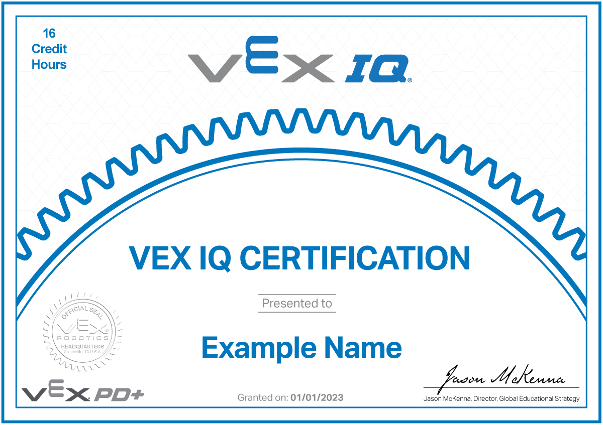 Certificat VEX IQ vierge indiquant la certification VEX IQ présentée à l'exemple de nom.