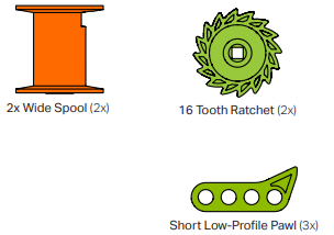 Schema van de ratel- en spoelonderdelen in de VEX GO-kit. Er zijn in totaal 2 2x brede spoelen, 2 ratels met 16 tanden en 3 korte, lage pallen.