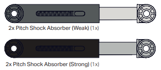 Kaavio VEX GO -sarjan iskunvaimentimien osista. On 1 yhteensä 2x Pitch Shock Absorber Weak ja 1 yhteensä 2x Pitch Shock Absorber Strong.