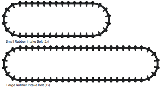 Esquema das peças da correia de borracha no kit VEX GO. Existem 2 correias de admissão de borracha pequenas e 1 correia de admissão de borracha grande.