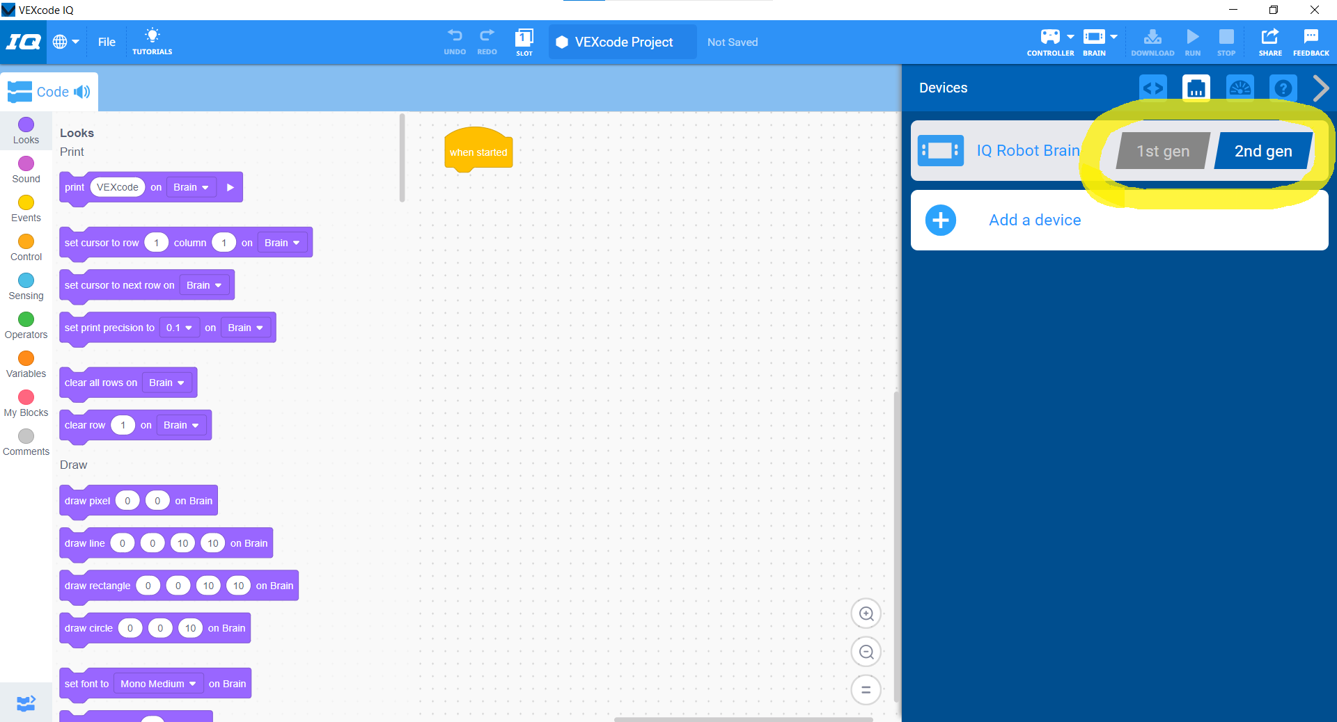 VEXcode IQ met het Robot Brain-dropdownmenu geopend. De generatieopties worden gemarkeerd, zodat een project kan worden gebouwd voor een 1e generatie of een 2e generatie Brain.