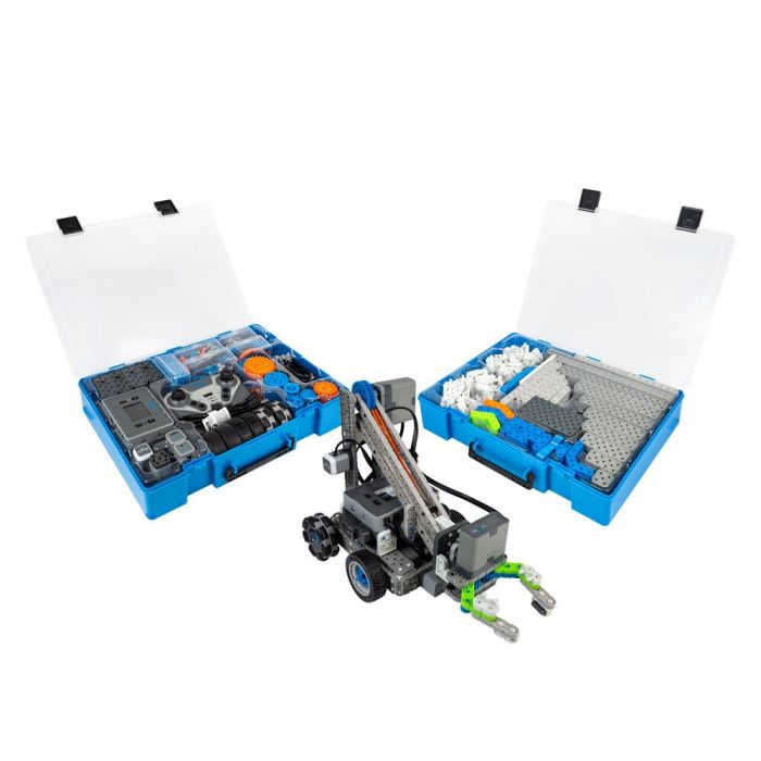 Kit Kompetisi VEX IQ Generasi ke-2 diperlihatkan dalam keadaan terbuka dan digunakan untuk membuat Clawbot.