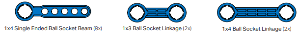 Diagram Balok Soket Bola dan bagian Penghubung Soket dalam Kit VEX GO. Terdapat total 8 buah balok soket bola ujung tunggal berukuran 1x4, total 2 buah penghubung soket bola berukuran 1x3, dan total 2 buah penghubung soket bola berukuran 1x4.