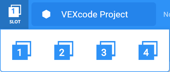VEXcode IQ ar atvērtu slota nolaižamo izvēlni, ko var izmantot, lai izvēlētos vienu no 4 slotiem pievienotajās smadzenēs.