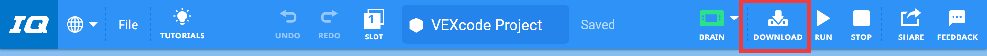 VEXcode IQ Toolbar mit hervorgehobenem Download-Symbol zwischen den Symbolen Brain und Run.