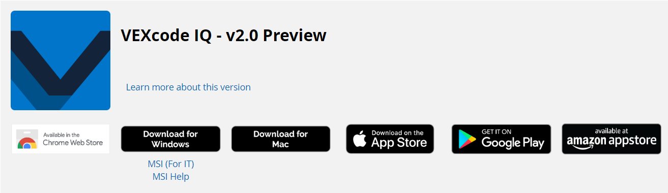 Opcje pobierania VEXcode IQ obejmują platformy Windows, Mac, Apple App Store, Google Play i Amazon Appstore.