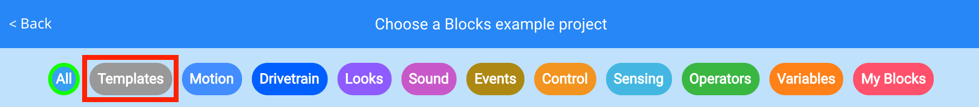 Menu de projetos de exemplo com a categoria Modelos selecionada na barra de filtros.