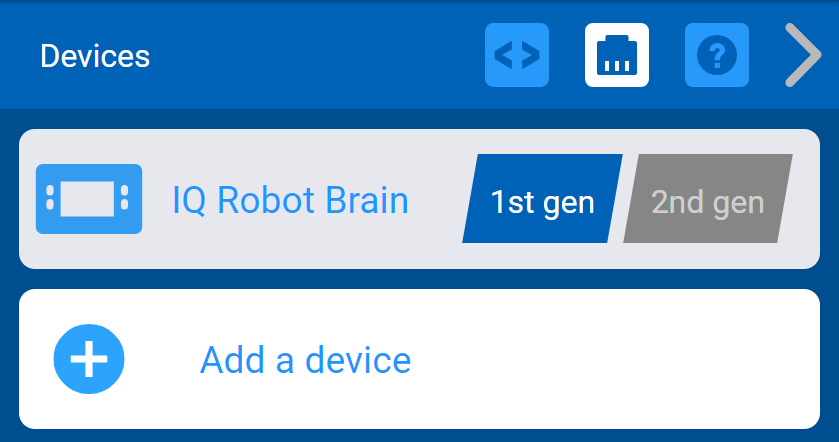 Menu VEXcode IQ Devices avec le paramètre de génération IQ Robot Brain affiché. Ce paramètre est réglé sur l'option de première génération.