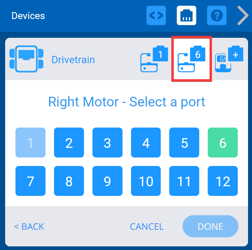 Successivamente, un menu mostra le opzioni della porta per il motore destro ed è stata selezionata la porta numero 6.