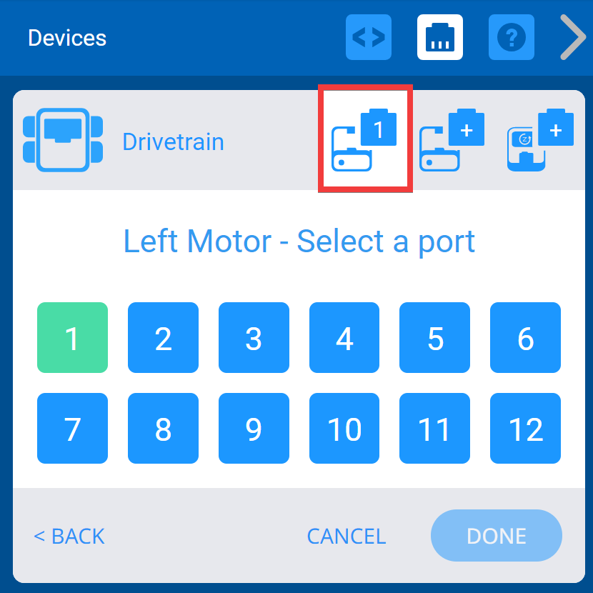Қосу үшін Drivetrain 2 мотор опциясы таңдалғаннан кейін VEXcode IQ құрылғылары мәзірі. Мәзір сол жақ моторға арналған порт опцияларын көрсетеді және №1 порт таңдалды.
