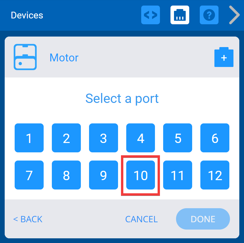 No menu VEXcode IQ "Selecionar uma Porta", é possível selecionar a porta específica para o Smart Motor. A porta número 10 está realçada.