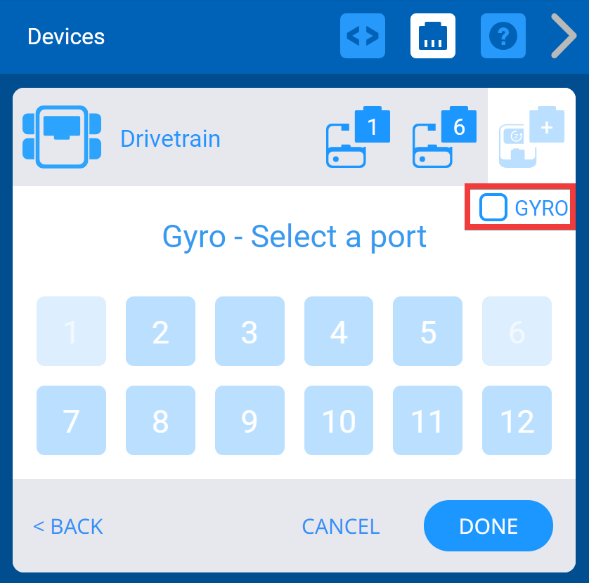 Después de seleccionar los puertos para los motores izquierdo y derecho, se debe seleccionar el puerto para el giroscopio. En este ejemplo, no hay ningún Gyro usado, por lo que la casilla de verificación Gyro se ha desmarcado y está resaltada.