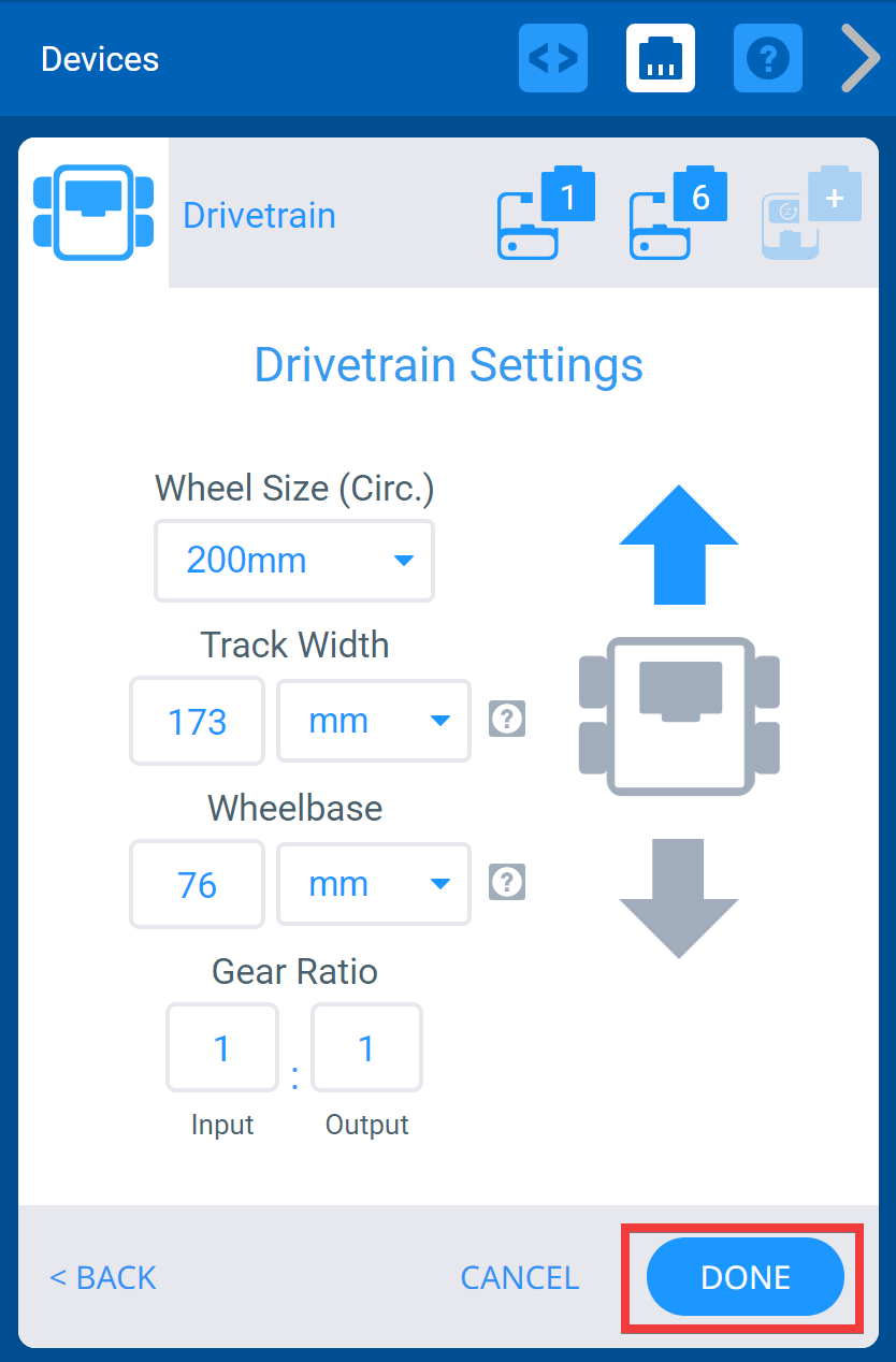 Menú de dispositivos VEXcode IQ después de seleccionar los puertos del tren motriz y con la pantalla de configuraciones del tren motriz mostrada. A continuación, se resalta el botón Listo.