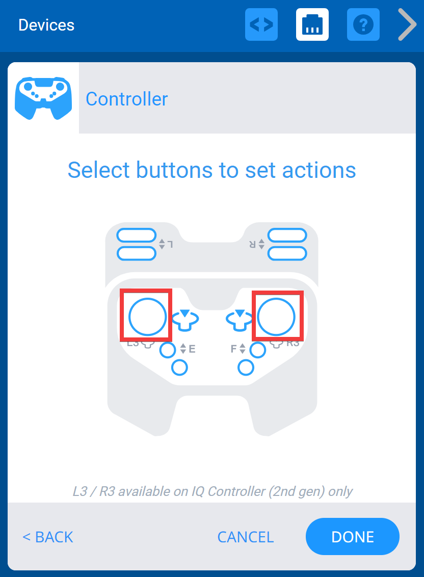 Menú de dispositivos VEXcode IQ con las opciones del controlador mostradas. Los joysticks están resaltados pero aún no están configurados para ninguna acción.