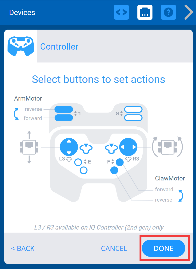 Menú de dispositivos VEXcode IQ con las opciones del controlador mostradas. Los botones del eje L están conectados a un motor denominado ArmMotor, y los botones del eje F están conectados a un motor denominado ClawMotor. Los botones del joystick izquierdo y derecho tienen íconos que indican que están conectados a Split Arcade en el Drivetrain. A continuación, se resalta el botón Listo.