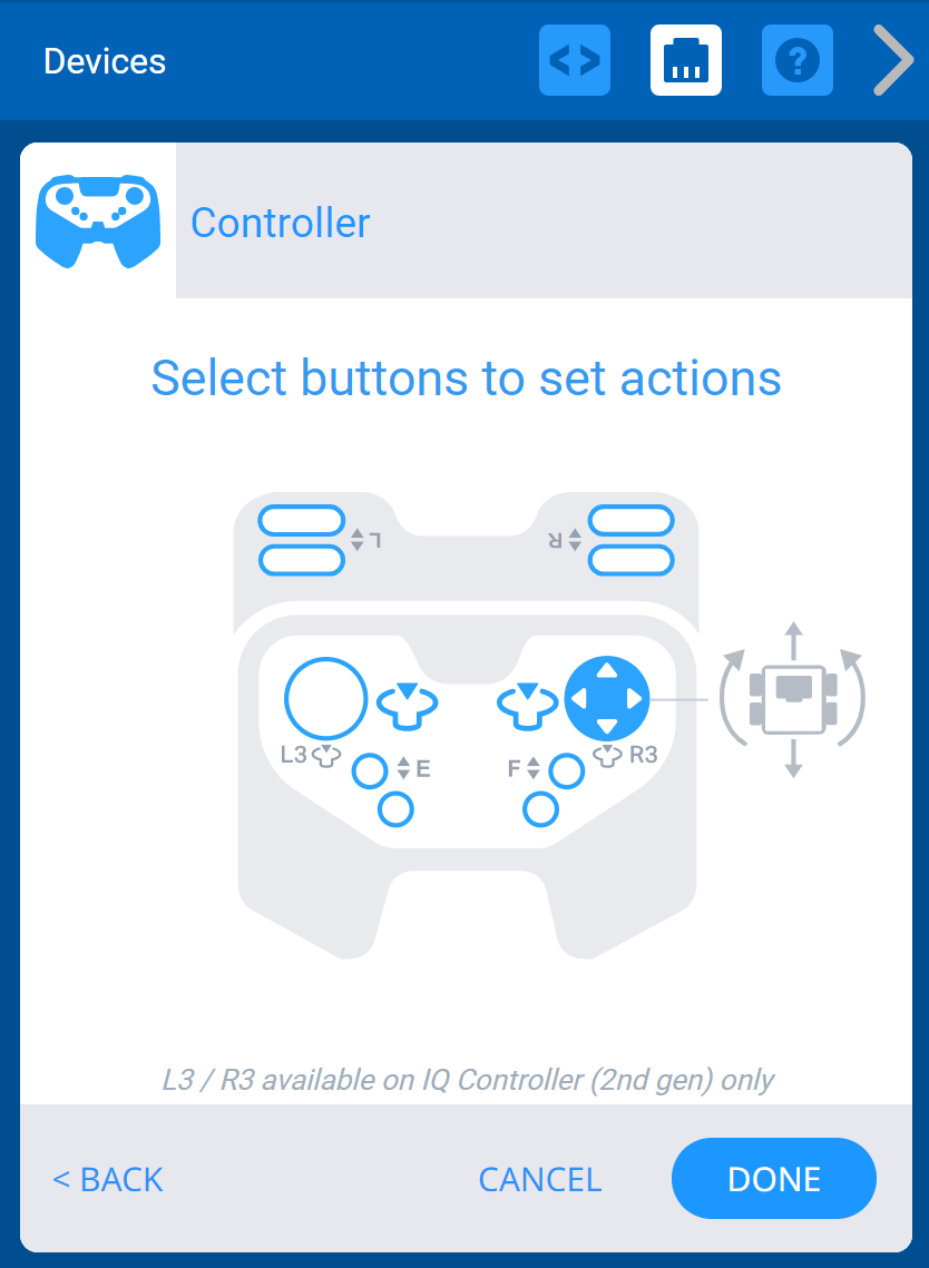 VEXcode IQ eszközök menü a megjelenített vezérlőopciókkal. A jobb oldali joystick gombon egy ikon jelzi, hogy a hajtásláncon lévő jobb oldali arcade-hoz van csatlakoztatva.