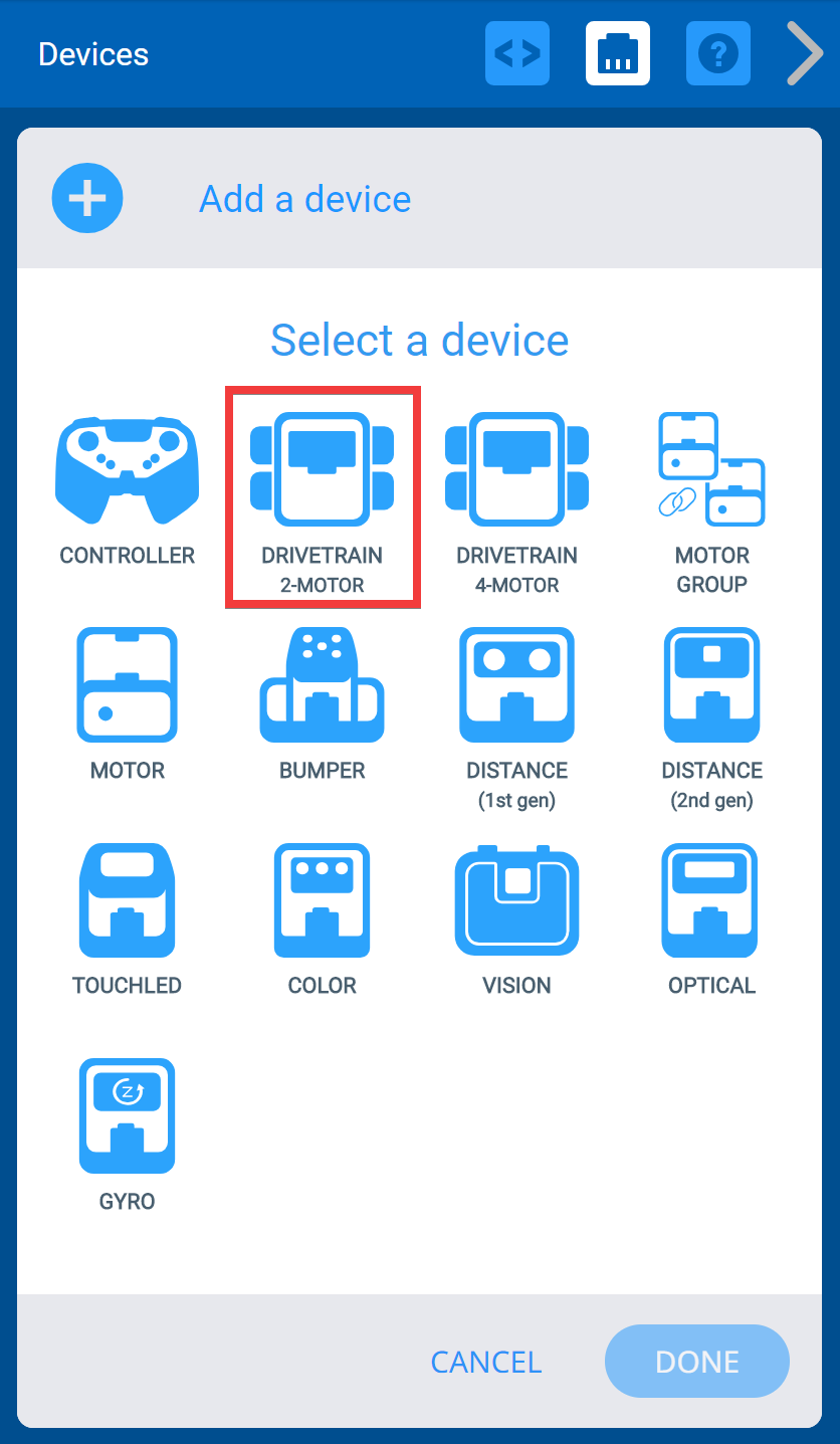 장치 추가 버튼을 선택한 후의 VEXcode IQ 장치 메뉴입니다. Drivetrain 2 모터 옵션이 강조되었습니다.